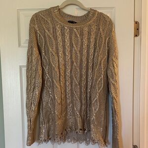 CHARLIE B Gold Metallic Cable-Knit Crewneck Sweater